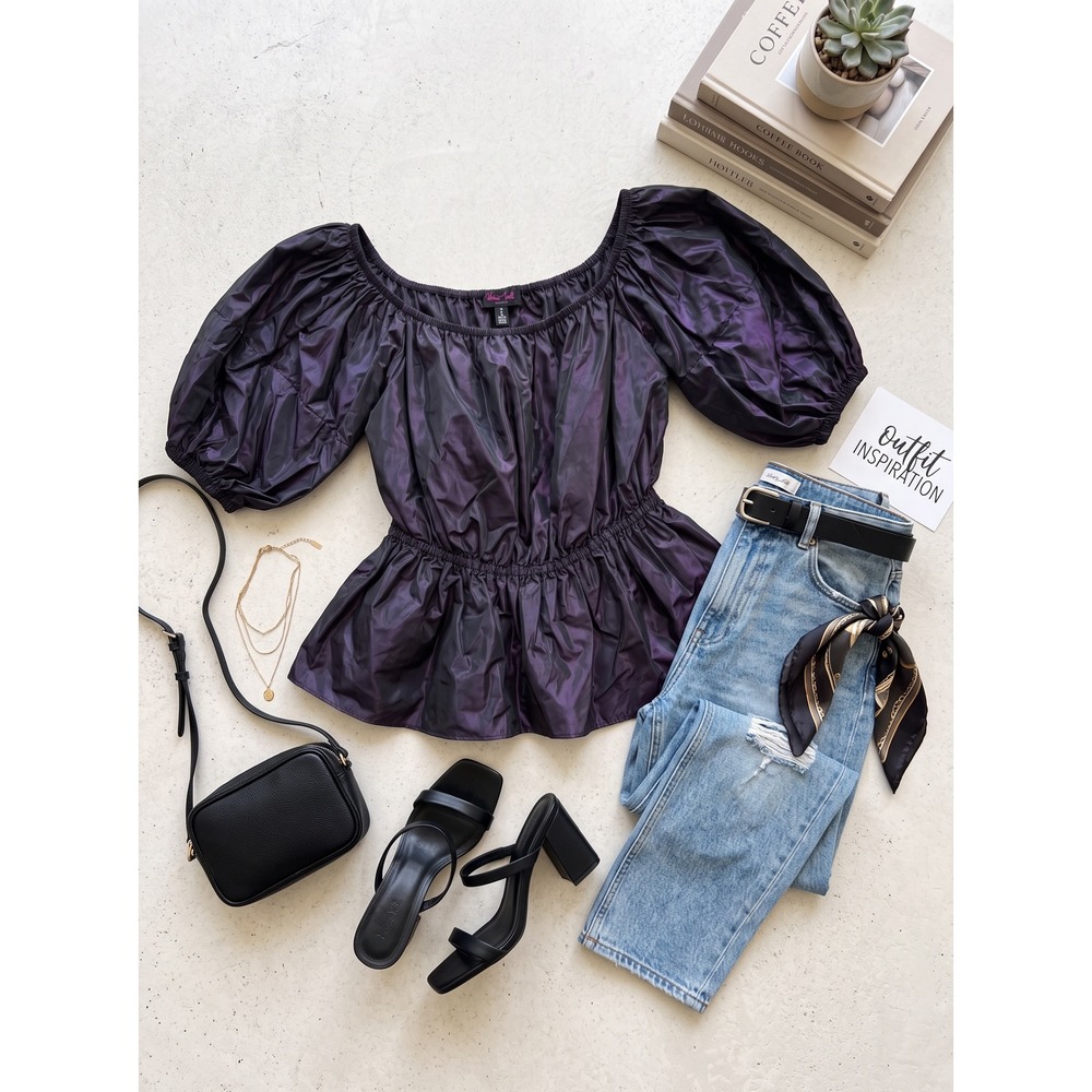 Patricia Field New York Iridescent Purple Puff Sleeve Peplum Blouse Top US 8